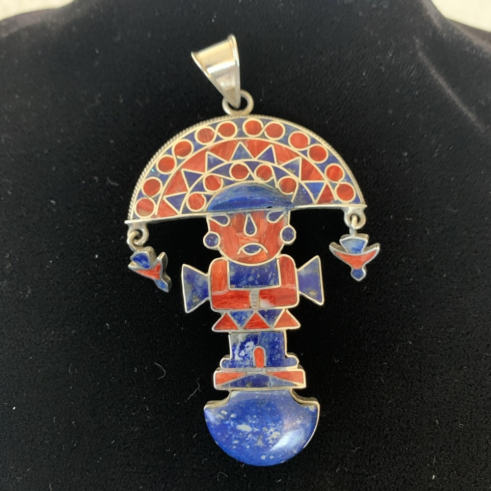 VTG‎ PERUVIAN TUMI 950 STERLING SILVER Quality INLAID STONES PENDANT Lapis?